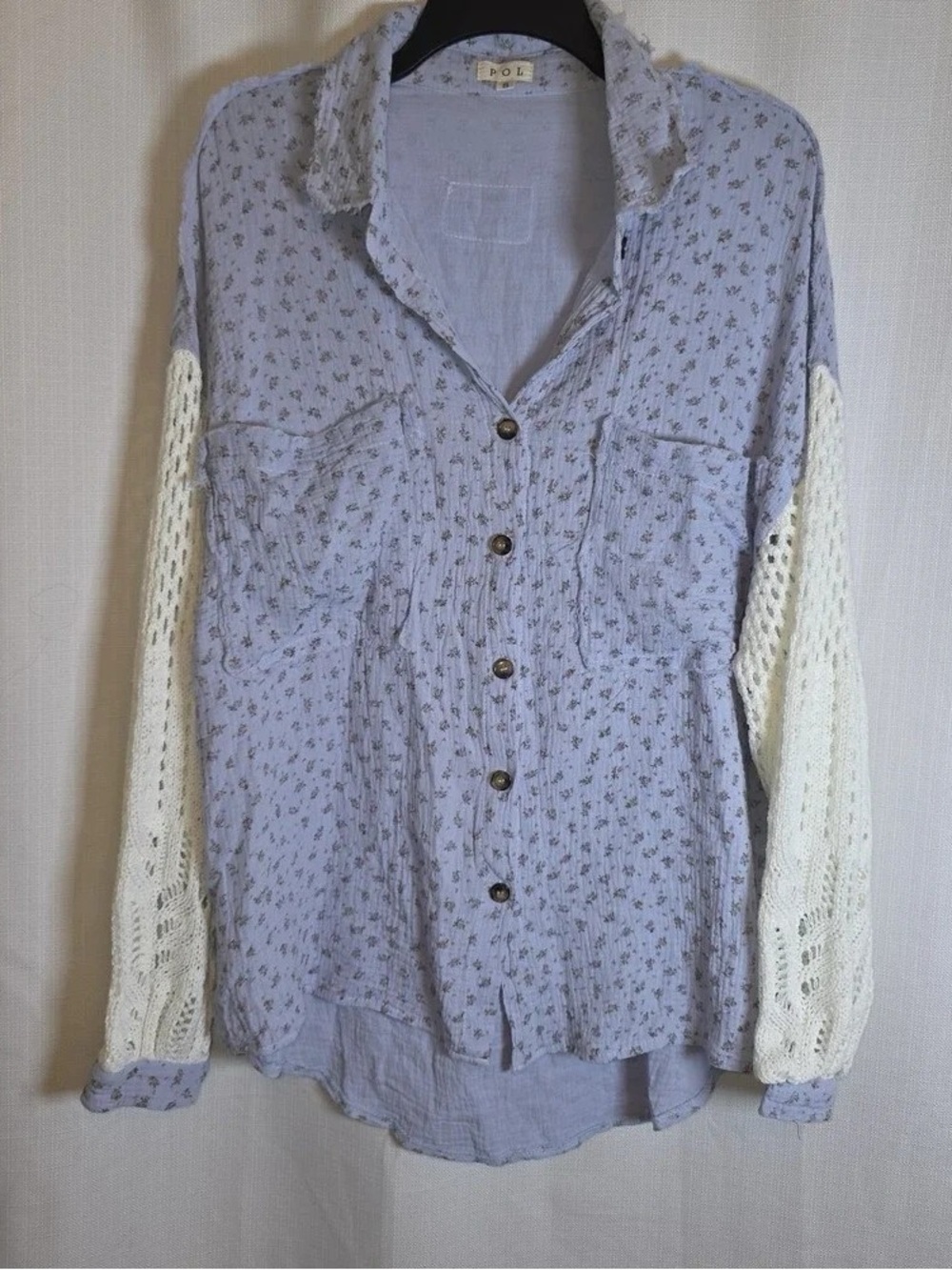 POL Lavender Floral Button-Down Shirt with Cream Crochet Sleeves